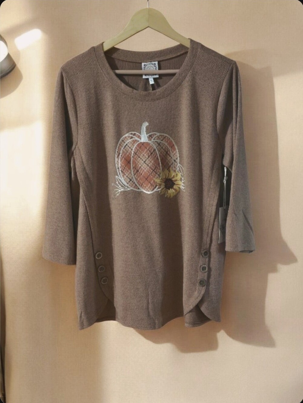 NWT Fall Plaid Pumpkin & Sunflower Tunic Top Brown 3/4 Sleeve Cozy Knit